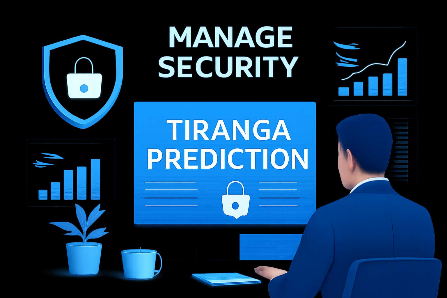 An informative scene depicting security management for Tiranga Prediction with advanced technology elements.